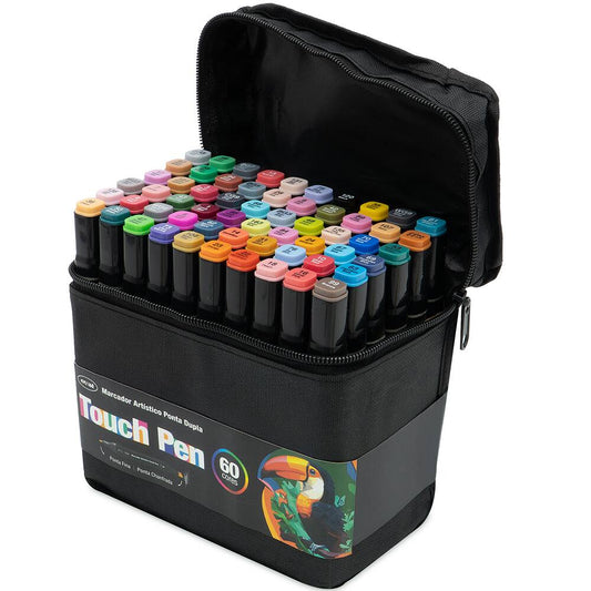 25 - Caneta Marcadora Artística Touch Pen 60 Cores Ponta Dupla (Chanfrada e Fina) com Estojo com Zíper, Oval - BT 60 UN