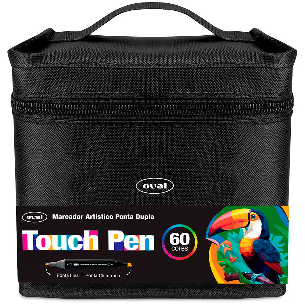 25 - Caneta Marcadora Artística Touch Pen 60 Cores Ponta Dupla (Chanfrada e Fina) com Estojo com Zíper, Oval - BT 60 UN