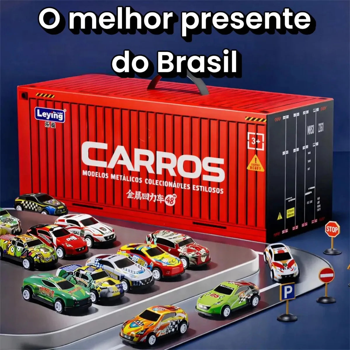 Kit 48 Mini Carrinhos De Fricção De Metal Com 2 Pistas Com Container Afortunado Imports