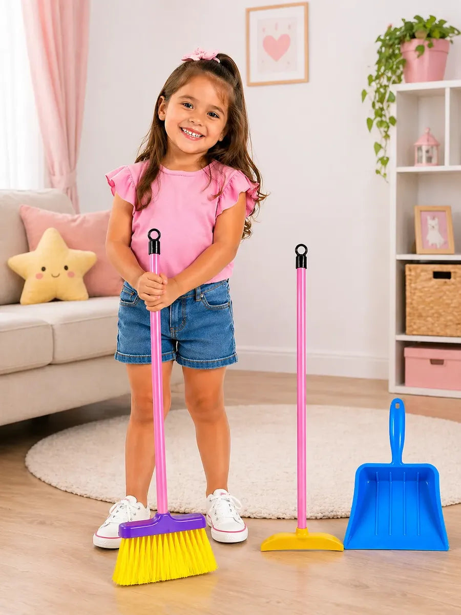 74 - Kit Limpeza Infantil Vassoura Rodo Pá Brinquedo Cozinha 3pçs