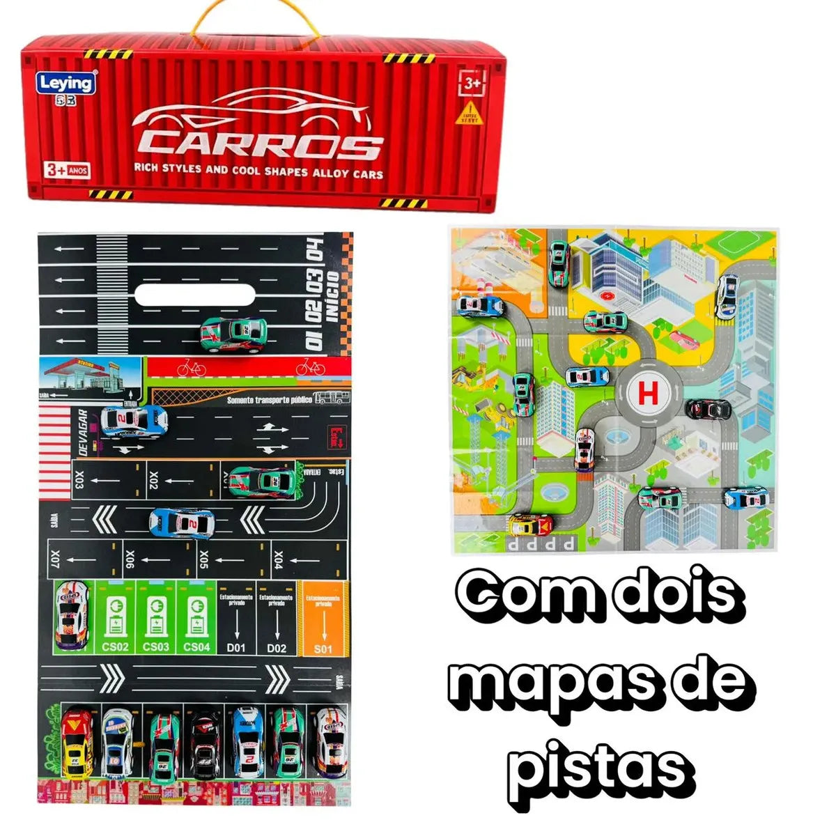 Kit 48 Mini Carrinhos De Fricção De Metal Com 2 Pistas Com Container Afortunado Imports