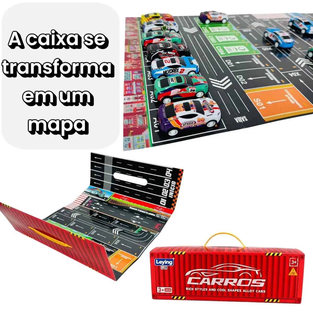 Kit 48 Mini Carrinhos De Fricção De Metal Com 2 Pistas Com Container Afortunado Imports
