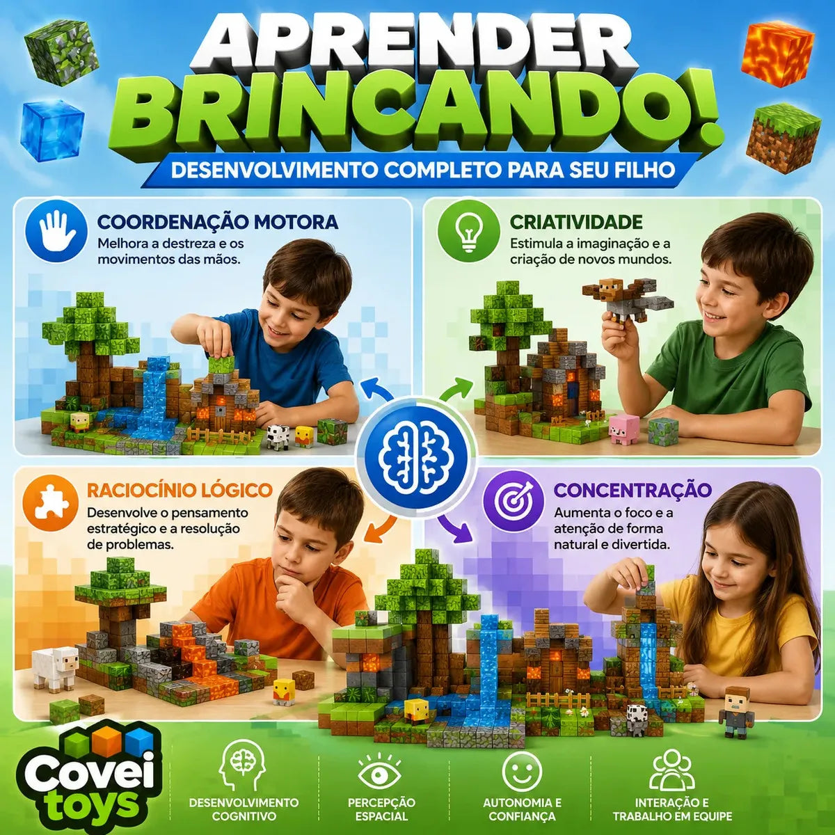 Kit 192 Blocos Imã Magnéticos Construção Montar Empilhamento Cubo Infantil Brinquedo Educativo Covei Toys