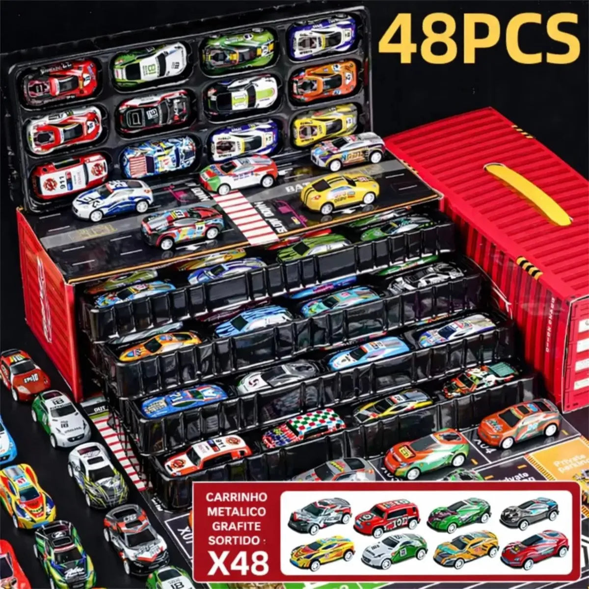 Kit 48 Mini Carrinhos De Fricção De Metal Com 2 Pistas Com Container Afortunado Imports