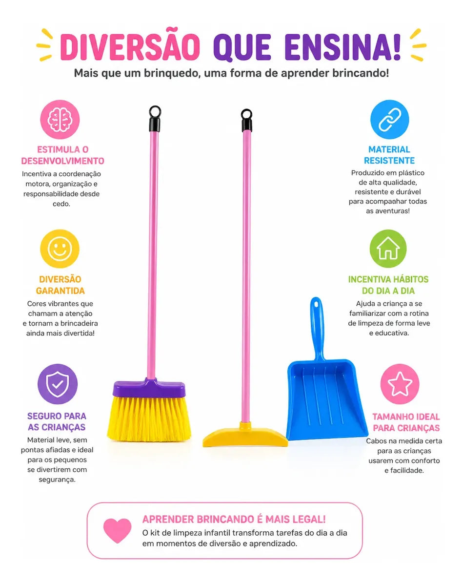 74 - Kit Limpeza Infantil Vassoura Rodo Pá Brinquedo Cozinha 3pçs