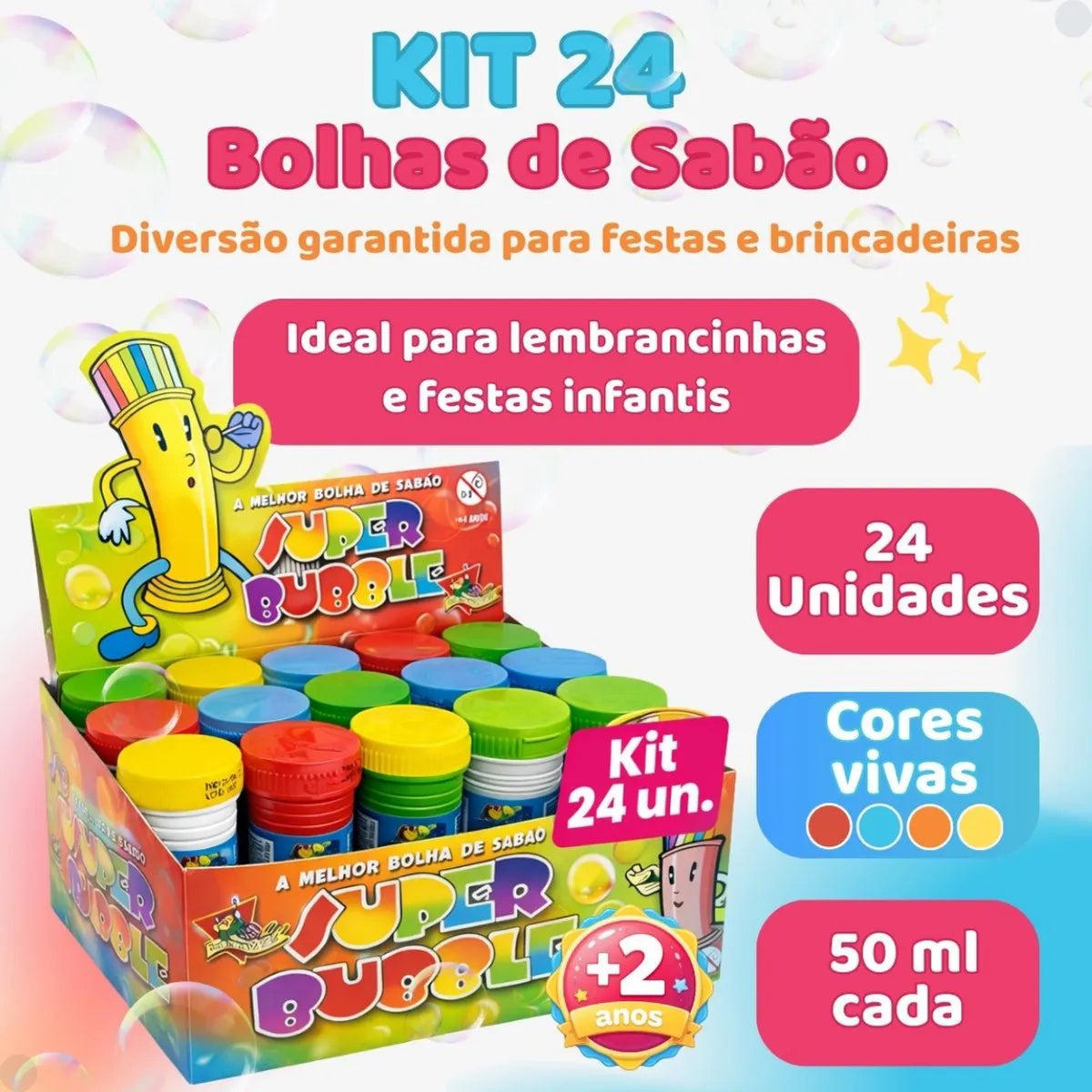 73 - Kit 24 Bolha De Sabão Bolhinha Lembrancinha Aniversário Fazedor De Bolhas De Sabão Lança Bolha Gigante Criança Infantil Kit Brinquedos Aniversário Atacado Colorido Babuu Brinquedos Educativos