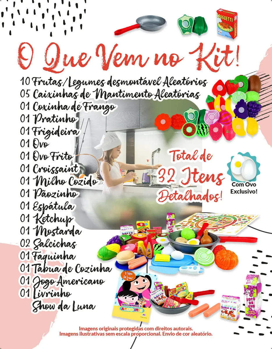 Kit Brinquedo Comidinha Infantil Frutas Velcro Frigideira 30 peças