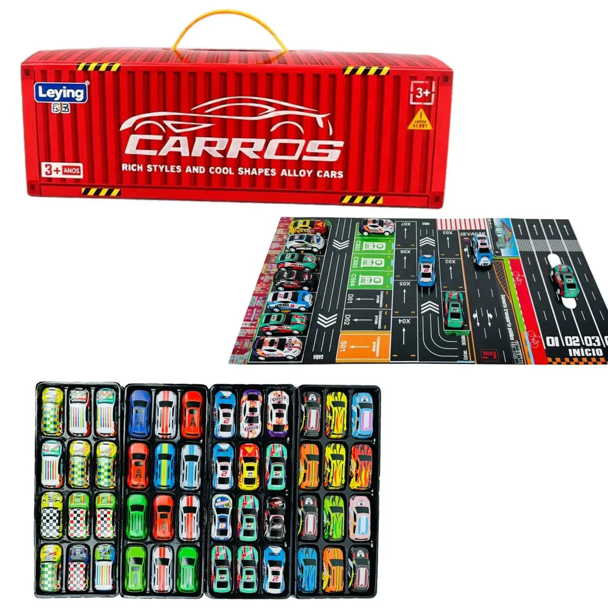 Kit 48 Mini Carrinhos De Fricção De Metal Com 2 Pistas Com Container Afortunado Imports