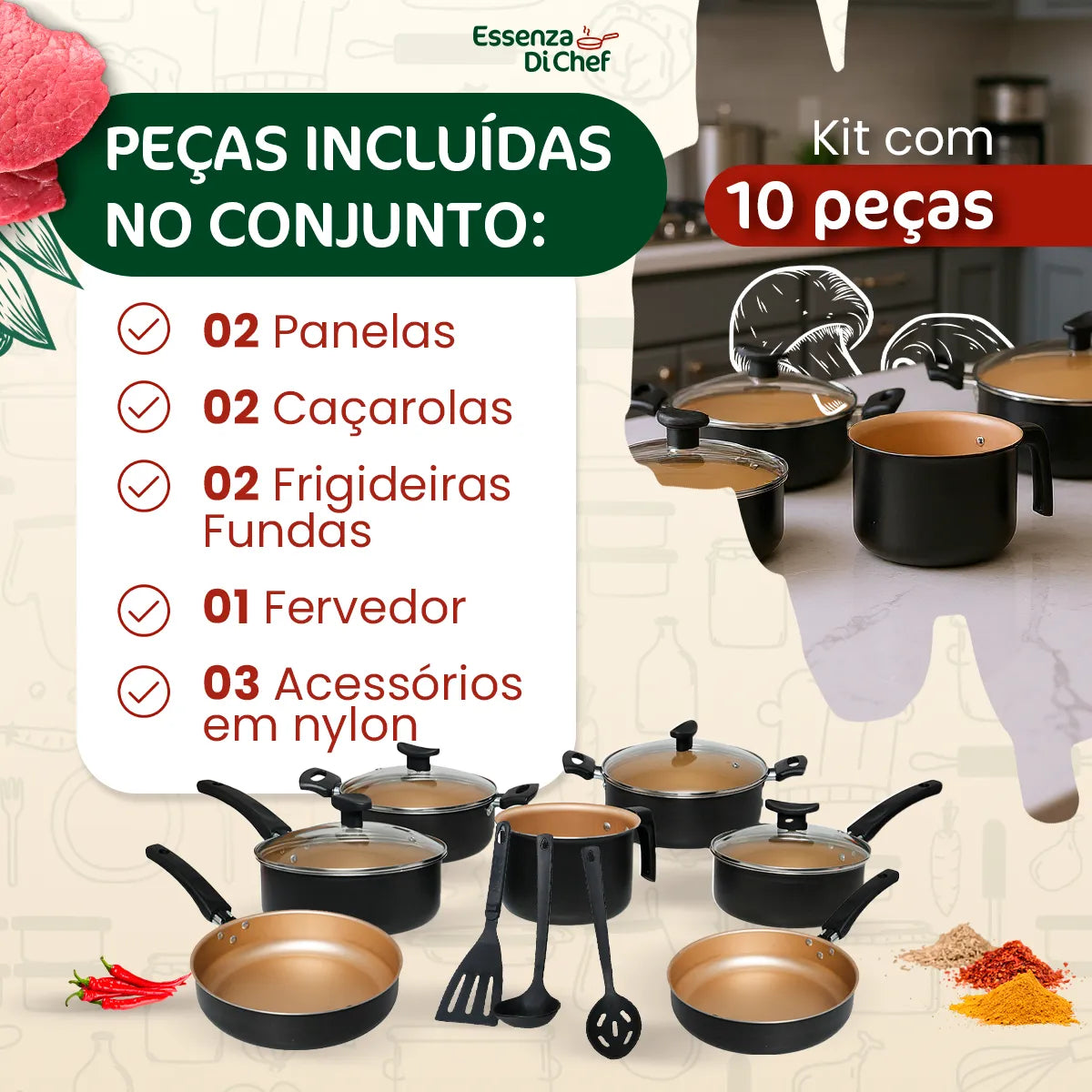 50 - Conjunto Panelas Antiaderente 10 Peças Teflon Várias Cores