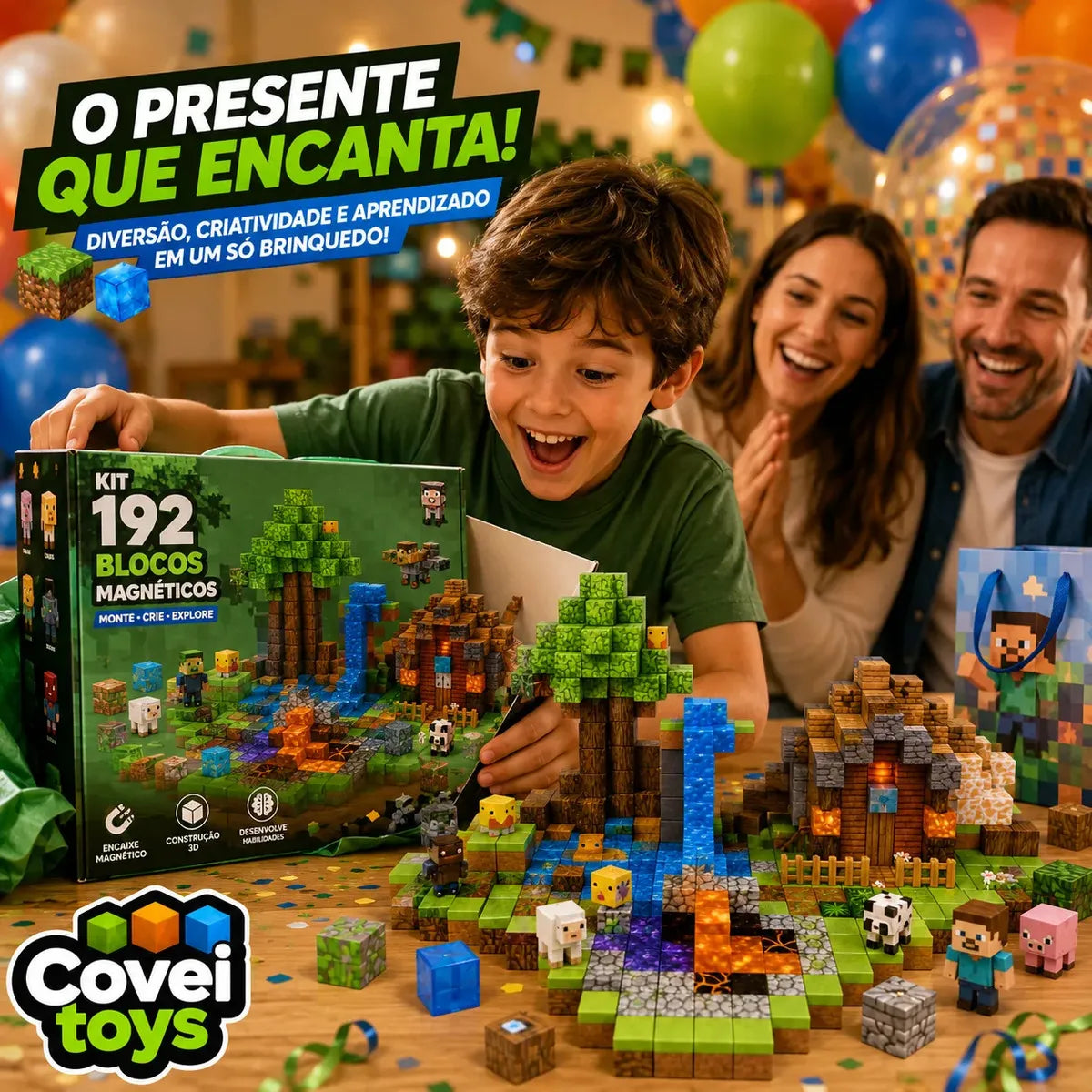 Kit 192 Blocos Imã Magnéticos Construção Montar Empilhamento Cubo Infantil Brinquedo Educativo Covei Toys