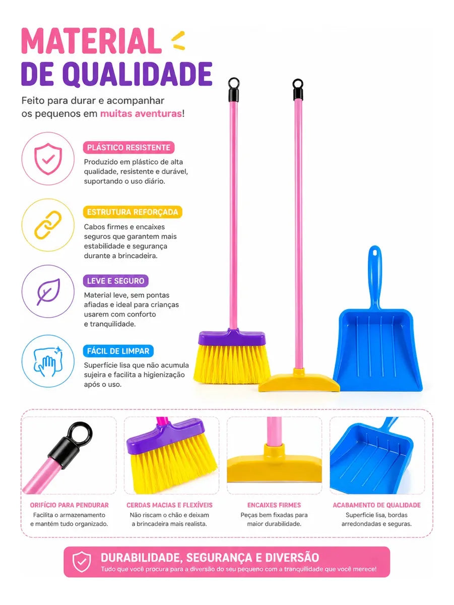 74 - Kit Limpeza Infantil Vassoura Rodo Pá Brinquedo Cozinha 3pçs