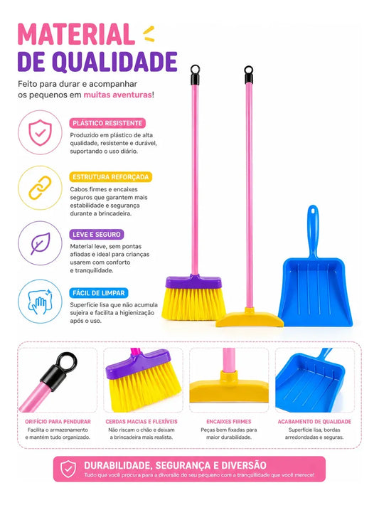 74 - Kit Limpeza Infantil Vassoura Rodo Pá Brinquedo Cozinha 3pçs