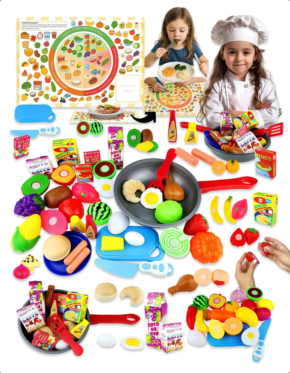 Kit Brinquedo Comidinha Infantil Frutas Velcro Frigideira 30 peças